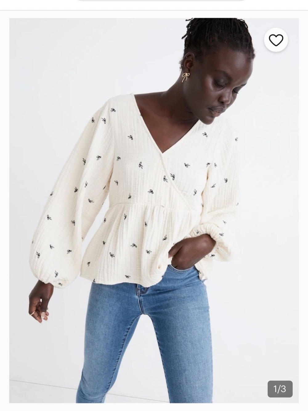 Madewell Cream Peplum V‑Neck Blouse with Black Bow Embroidery